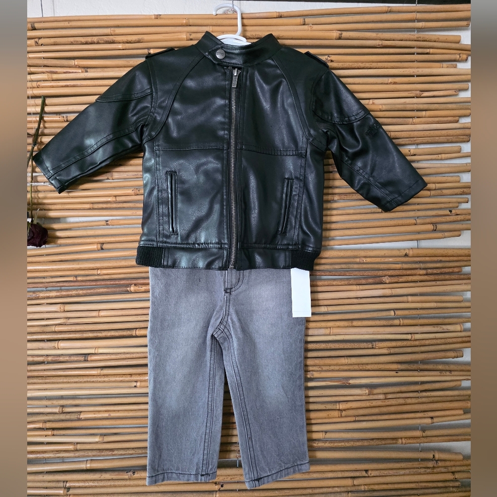 Kenneth Cole 18 month two-piece outfit black faux leather Jacket And Grey Jeans